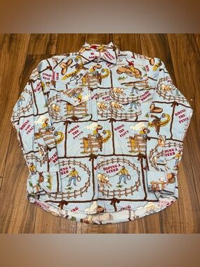 Vintage Cowboy Rodeo Print Button Up Shirt Western Roping Steer AOP Mens Medium
